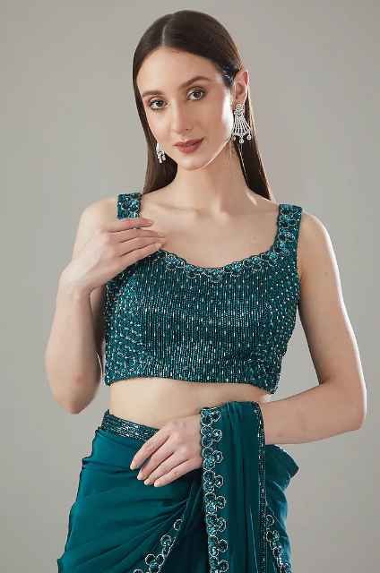 Green Crepe Embroidered Draped Skirt Saree Set - Image 3