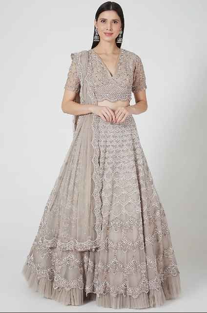 Dusty Grey Organza Sequins Embroidered Scalloped Lehenga Set