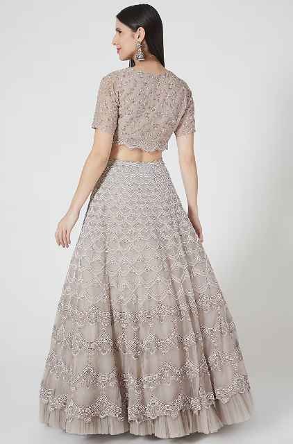 Dusty Grey Organza Sequins Embroidered Scalloped Lehenga Set - Image 2