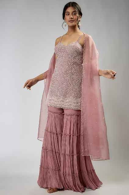 Blush Pink Viscose & Organza Sharara Set