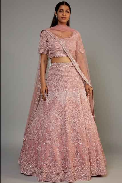 Old Rose Organza Embroidered Lehenga Set