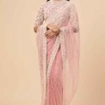 Lilac Pink Organza Chitta Work Saree Set