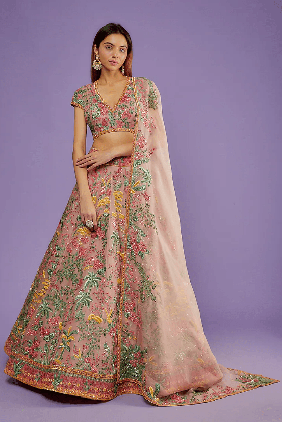 Peach Organza Embroidered Lehenga Set
