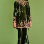 Dark Olive Green Hand Embroidered Jacket Set