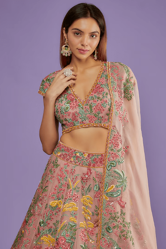 Peach Organza Embroidered Lehenga Set - Image 3