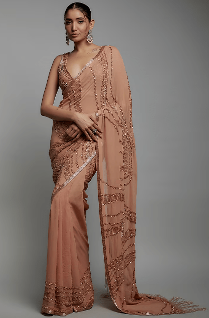 Kadambari Pink Chiffon Sequins Embroidered Saree Set