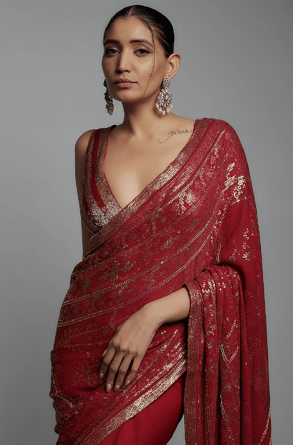 Red Chiffon Sequins Embroidered Saree Set - Image 4