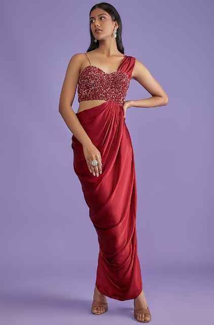 Red Pure Satin Draped Gown With Corset