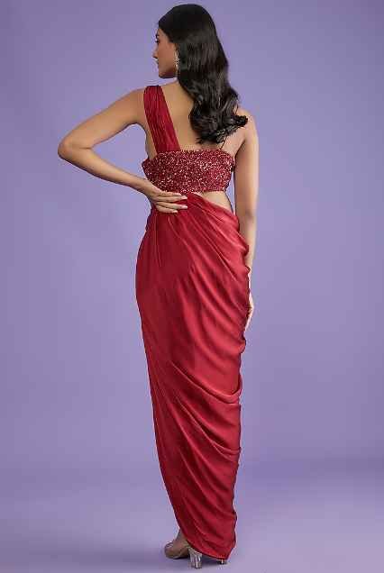 Red Pure Satin Draped Gown With Corset - Image 2