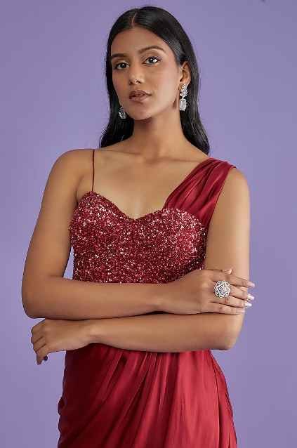Red Pure Satin Draped Gown With Corset - Image 3