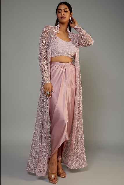 Powder Pink Pure Satin Bugle Beads Embroidered Jacket Set