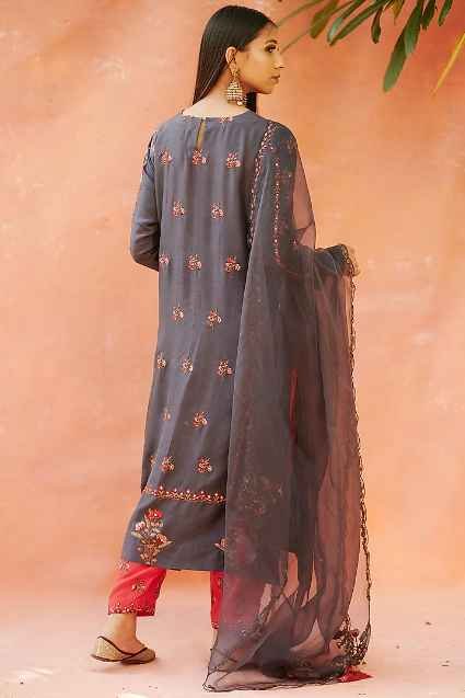 Charcoal Grey Embroidered Kurta Set - Image 2