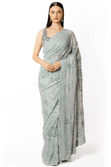 Silver Grey Georgette Hand Embroidered Saree Set