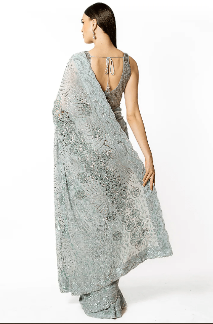 Silver Grey Georgette Hand Embroidered Saree Set - Image 2