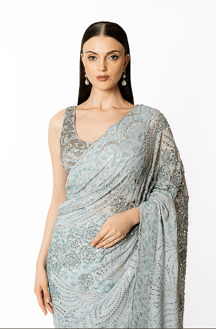 Silver Grey Georgette Hand Embroidered Saree Set - Image 3