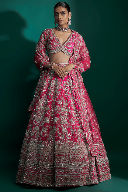 Fuchsia Raw Silk Sequins Hand & Machine Embroidered Lehenga Set