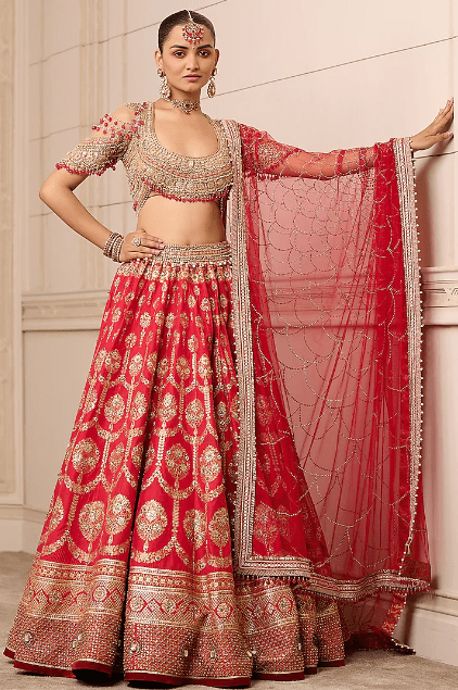 Red Brocade Kundan & Dabka Embroidered Lehenga Set