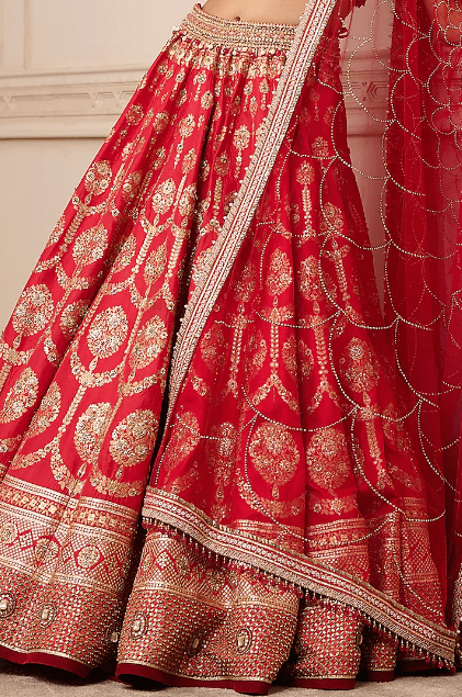 Red Brocade Kundan & Dabka Embroidered Lehenga Set - Image 3