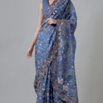 Blue Silk Embroidered Handcrafted Saree Set