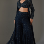 Dark Blue Double Georgette Embroidered Cape Set