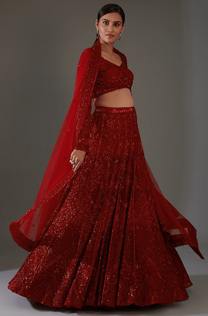 Red Net & Crepe Embroidered Lehenga Set