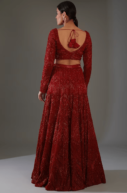 Red Net & Crepe Embroidered Lehenga Set - Image 2
