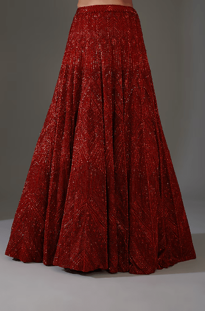 Red Net & Crepe Embroidered Lehenga Set - Image 3