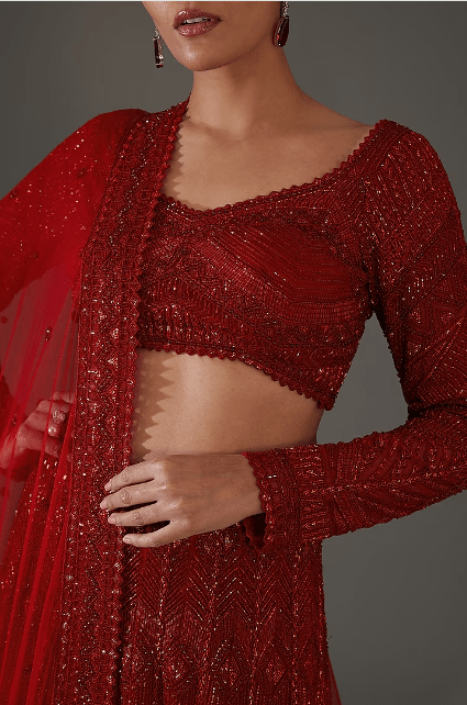 Red Net & Crepe Embroidered Lehenga Set - Image 4