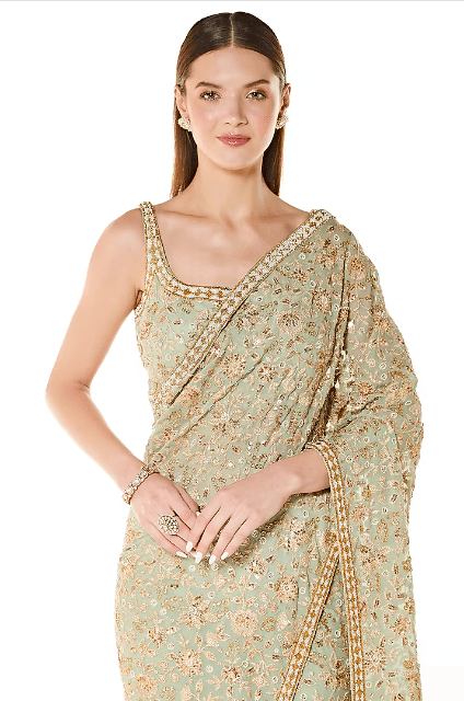 Sage Green Georgette & Net Hand Embroidered Lehenga Saree Set - Image 3