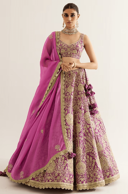 Grape Wine Brocade Gold Zari Embroidered Lehenga Set