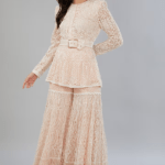 Peach Net & Crepe Hand Embroidered Sharara Set