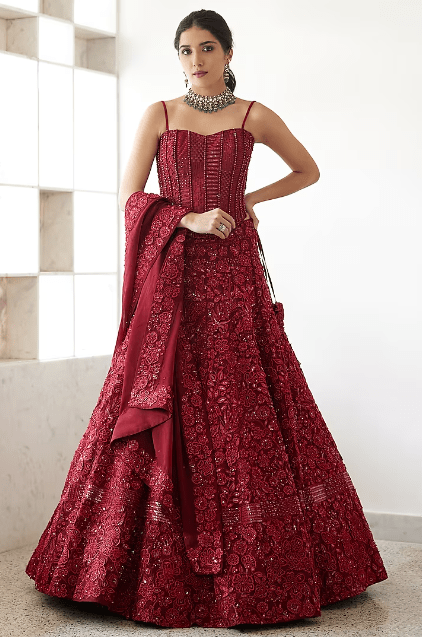 Red Organza Embroidered Lehenga Set