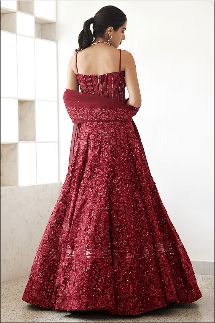 Red Organza Embroidered Lehenga Set - Image 2