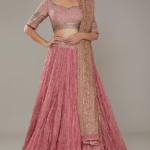Pink Zari Striped Chanderi Embroidered Crushed Lehenga Set
