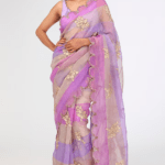 Mauve Organza Hand Embroidered Saree Set