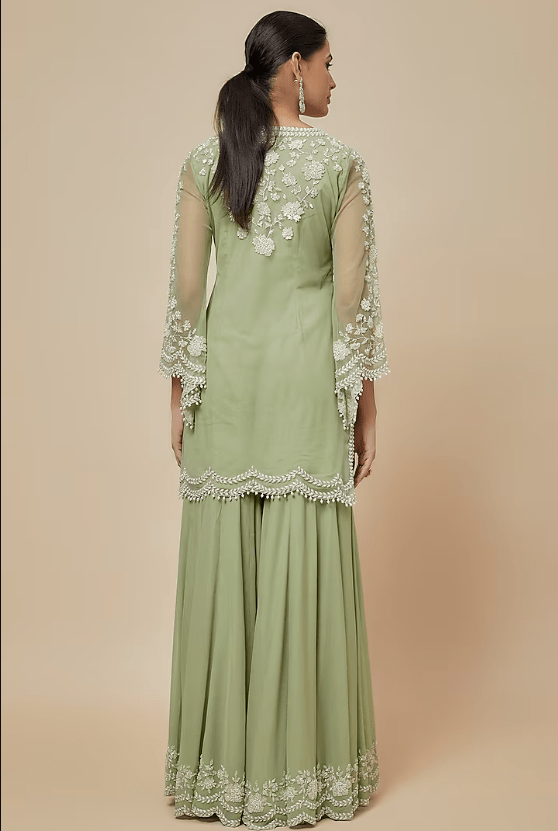 Sage Green Georgette Cutdana Work Sharara Set - Image 2