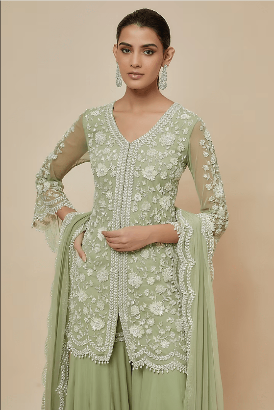 Sage Green Georgette Cutdana Work Sharara Set - Image 4
