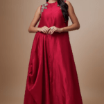 Red Silk Zari Embroidered Flowy Maxi Dress