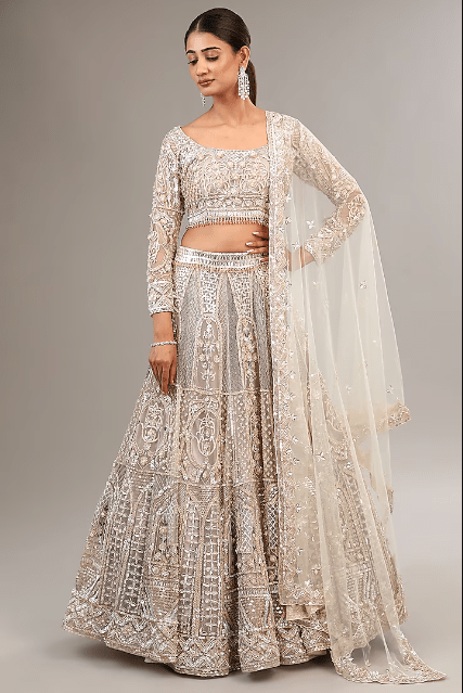 Ivory Tulle Net Sequins & Crystal Embroidered Lehenga Set