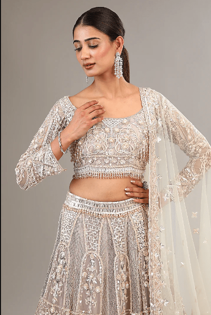 Ivory Tulle Net Sequins & Crystal Embroidered Lehenga Set - Image 4
