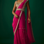 Fuchsia Pink Raw Silk & Georgette Bead Embroidered Sharara Saree Set
