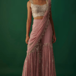Onion Pink Raw Silk & Georgette Mirror Embroidered Sharara Saree Set