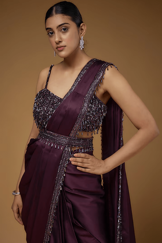 Aubergine Satin Saree Set - Image 3