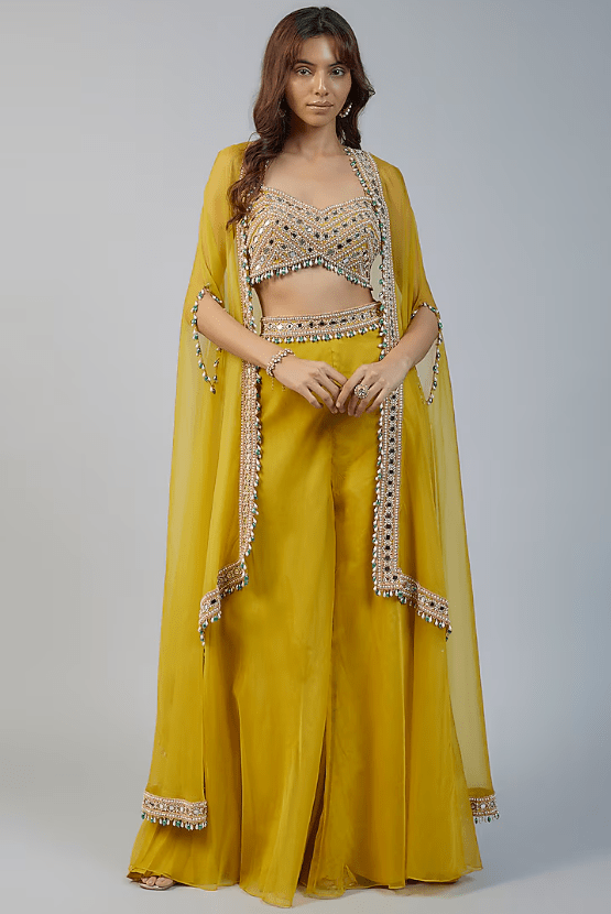 Lime Organza & Raw Silk Mirror Embroidered Cape Set