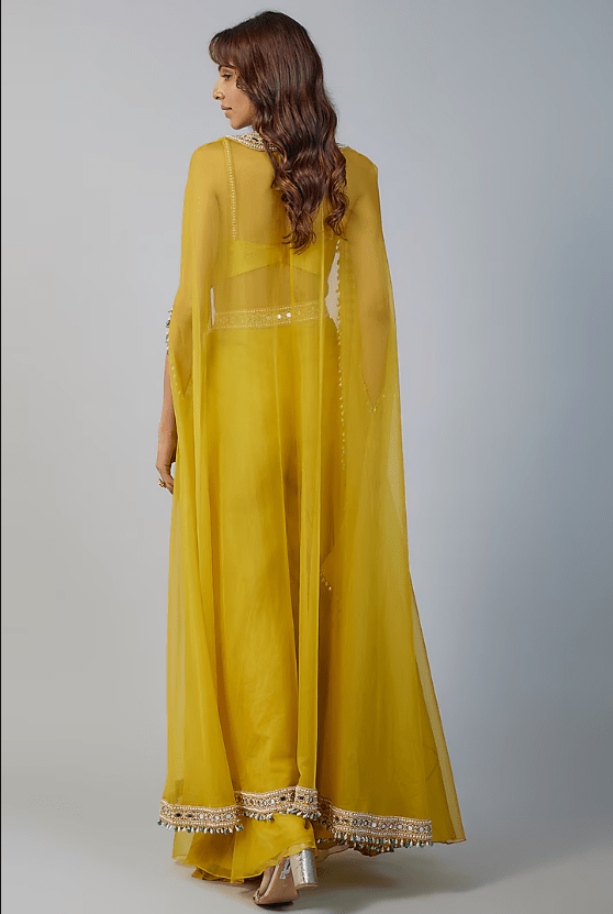 Lime Organza & Raw Silk Mirror Embroidered Cape Set - Image 2