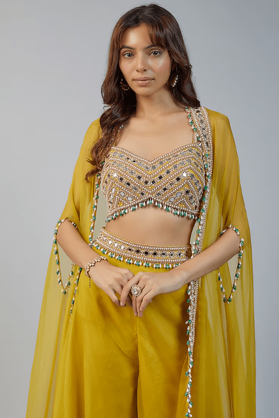 Lime Organza & Raw Silk Mirror Embroidered Cape Set - Image 4