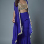 Royal Blue Georgette & Raw Silk Sequins Embroidered Cape Set