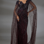 Aubergine Italian Tulle Crystal Hand Embroidered Gown