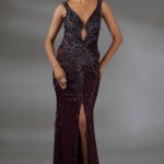 Aubergine Italian Tulle Crystal Hand Embroidered Gown