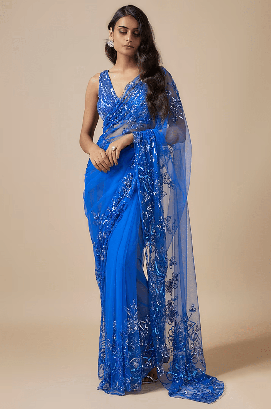 Blue Net Cutdana Embroidered Saree Set